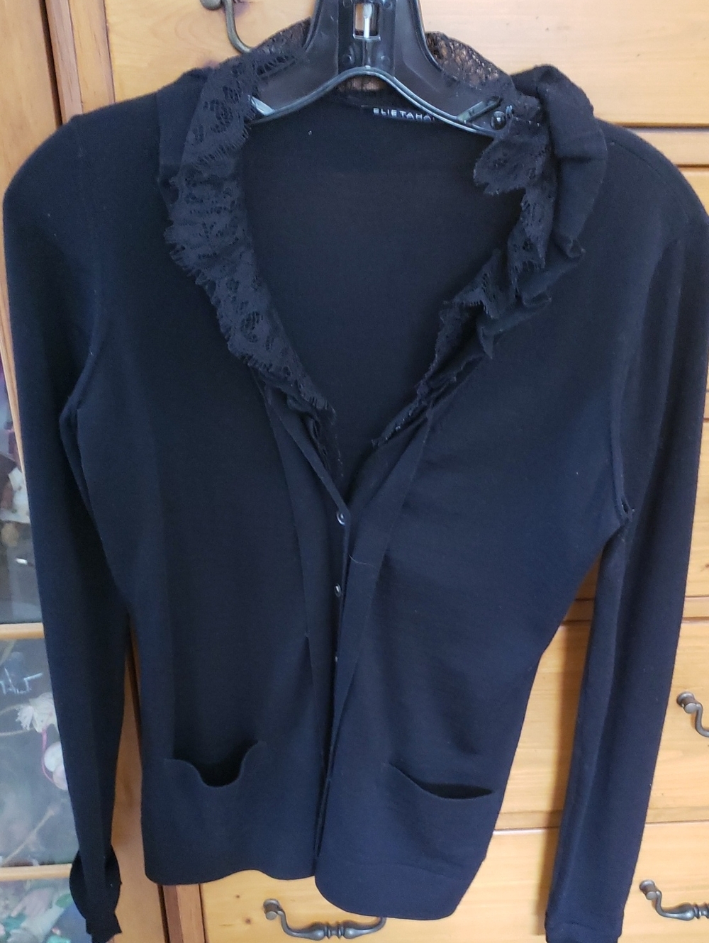 Elie Tahari Black Lace-Trim Button Cardigan